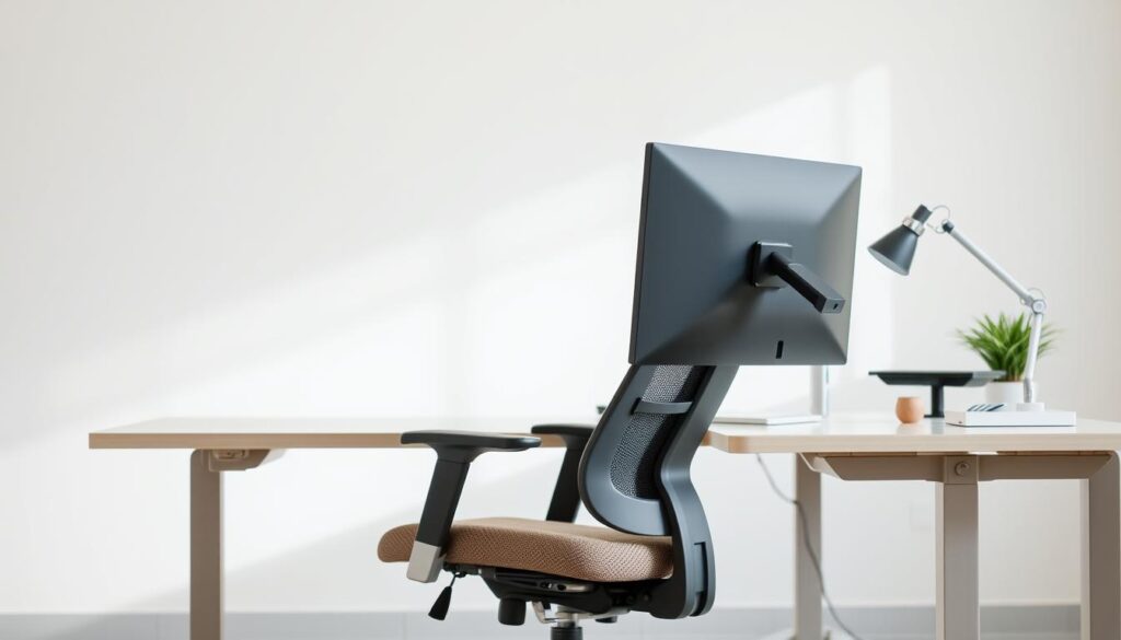 A bright and airy office space with a comfortable chair featuring ergonomic adjustments. The desk has been modified with specialized equipment, such as a standing desk converter, wrist support, and monitor riser, to accommodate various physical needs. Soft, diffused lighting illuminates the workspace, creating a calming and productive atmosphere. The overall design prioritizes functionality and accessibility, with clean lines and a minimalist aesthetic. The scene conveys a sense of safety, comfort, and consideration for the unique requirements of office workers.