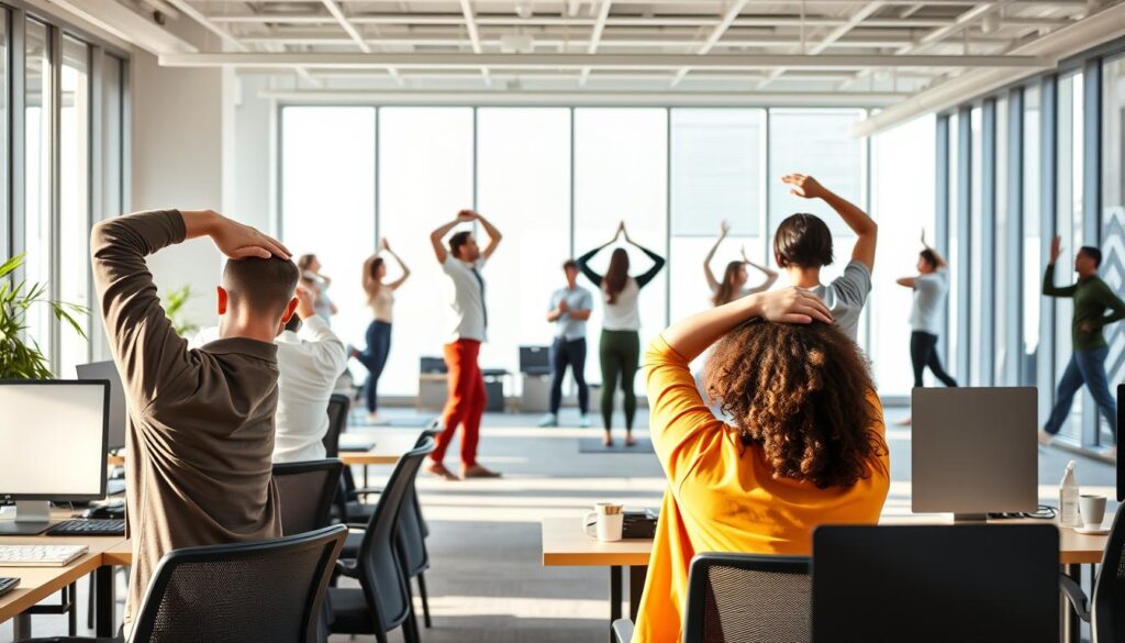 A bright, modern office space with a group of diverse professionals engaged in a range of movement-based activities. In the foreground, colleagues stretch their necks and shoulders at their desks, mindfully maintaining good posture. In the middle ground, a small team gathers for a quick standing exercise, taking a break from their screens. In the background, a larger group participates in a guided yoga session, their silhouettes visible through floor-to-ceiling windows. Natural light floods the scene, creating a calm and rejuvenating atmosphere that encourages workplace wellness and productivity.