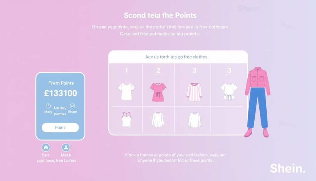 A detailed illustration of Shein's point system, showcasing the various ways to earn points and redeem them for free clothes. In the foreground, a modern-looking digital interface displays the user's current point balance, alongside icons representing different point-earning activities such as signing in daily, making purchases, and sharing on social media. The middle ground features a stylized grid of clothing items that can be unlocked using the accumulated points, rendered in a clean, minimalist fashion. The background subtly incorporates Shein's branding elements, creating a cohesive and visually appealing scene. The overall tone is one of simplicity, efficiency, and the excitement of scoring free fashion through a well-designed loyalty program. A detailed illustration of Shein's point system, showcasing the various ways to earn points and redeem them for free clothes. In the foreground, a modern-looking digital interface displays the user's current point balance, alongside icons representing different point-earning activities such as signing in daily, making purchases, and sharing on social media. The middle ground features a stylized grid of clothing items that can be unlocked using the accumulated points, rendered in a clean, minimalist fashion. The background subtly incorporates Shein's branding elements, creating a cohesive and visually appealing scene. The overall tone is one of simplicity, efficiency, and the excitement of scoring free fashion through a well-designed loyalty program.