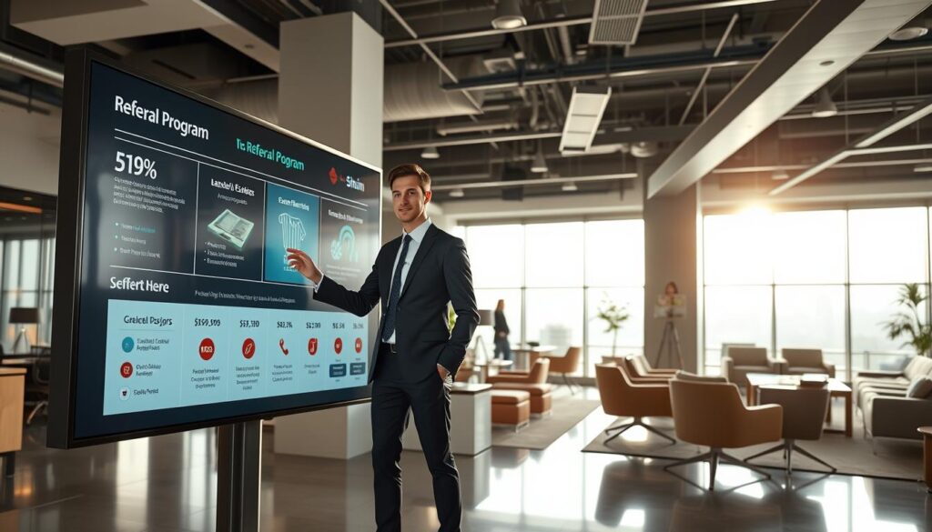 A modern, sleek office interior with a prominent display showcasing Shein's referral program. In the foreground, a well-dressed professional stands beside a large, interactive screen, gesturing towards detailed statistics and graphics illustrating the program's benefits. The middle ground features comfortable seating areas and collaborative workspaces, creating an inviting atmosphere. The background is illuminated by abundant natural light streaming through floor-to-ceiling windows, highlighting the contemporary design elements. The overall scene conveys a sense of professionalism, innovation, and the value Shein places on its referral program. A modern, sleek office interior with a prominent display showcasing Shein's referral program. In the foreground, a well-dressed professional stands beside a large, interactive screen, gesturing towards detailed statistics and graphics illustrating the program's benefits. The middle ground features comfortable seating areas and collaborative workspaces, creating an inviting atmosphere. The background is illuminated by abundant natural light streaming through floor-to-ceiling windows, highlighting the contemporary design elements. The overall scene conveys a sense of professionalism, innovation, and the value Shein places on its referral program.