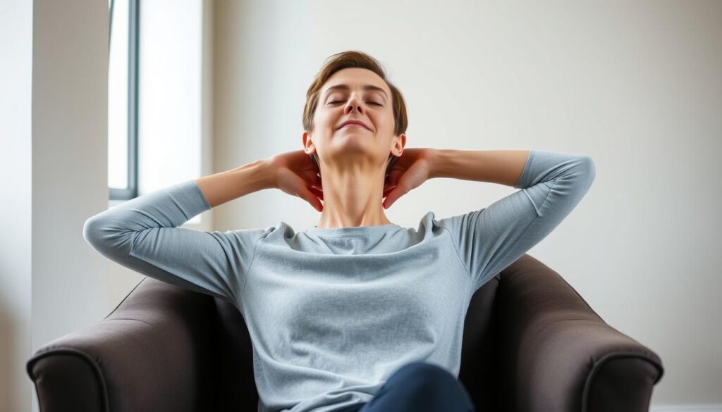 A person in a comfortable chair performing neck stretches, with focused attention and smooth, controlled movements. The scene is well-lit, with soft, natural lighting from a window or skylight, creating a calm, rejuvenating atmosphere. The subject's posture is upright, shoulders relaxed, and head gently tilted to each side, stretching the neck muscles. The background is minimal, with a plain, muted color palette that doesn't distract from the primary action. The overall composition is balanced and visually pleasing, emphasizing the simplicity and effectiveness of these essential chair-based exercises.