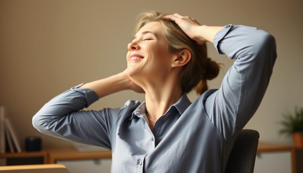 A person sitting at a desk, leaning forward and gently stretching their neck and shoulders. The scene is captured in a warm, natural lighting, with a soft focus on the upper body. The desk in the background is clean and uncluttered, allowing the subject's movements to be the focal point. The angle is slightly elevated, giving a sense of observation and guidance. The person's expression is one of relief and relaxation, conveying the benefits of this quick, seated routine to alleviate neck and shoulder tension.