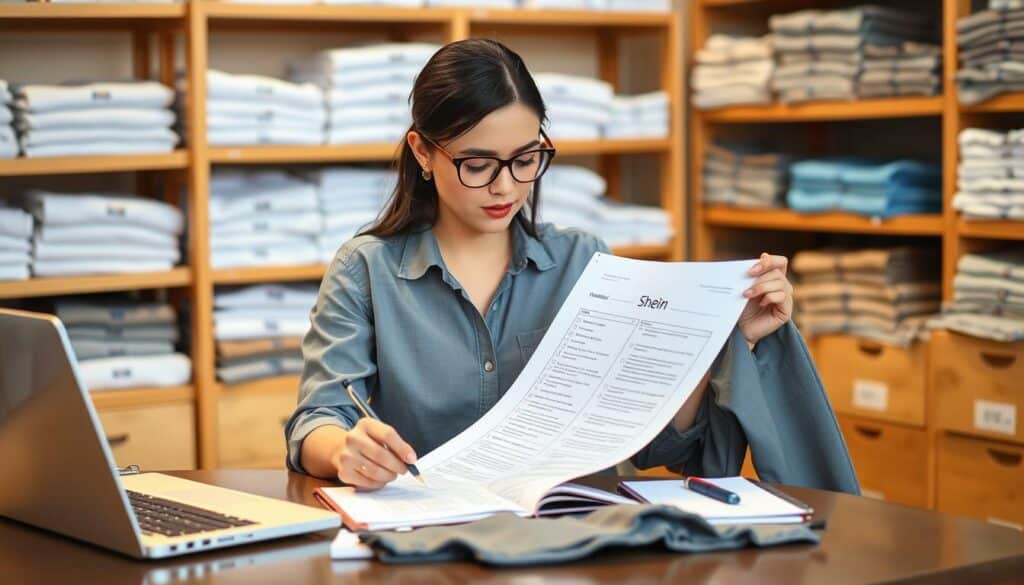 A professional-looking woman sitting at a desk, intently examining a piece of clothing from Shein. She is wearing a casual outfit and reading through a detailed checklist, evaluating the fabric, stitching, and overall quality of the garment. The desk is well-organized, with a laptop, notepad, and various tools nearby. The lighting is soft and flattering, creating a warm, focused atmosphere. In the background, shelves filled with neatly folded Shein merchandise can be seen, hinting at the scale of the product testing operation. The woman's expression conveys a sense of dedication and attention to detail, embodying the role of a thorough Shein product tester. A professional-looking woman sitting at a desk, intently examining a piece of clothing from Shein. She is wearing a casual outfit and reading through a detailed checklist, evaluating the fabric, stitching, and overall quality of the garment. The desk is well-organized, with a laptop, notepad, and various tools nearby. The lighting is soft and flattering, creating a warm, focused atmosphere. In the background, shelves filled with neatly folded Shein merchandise can be seen, hinting at the scale of the product testing operation. The woman's expression conveys a sense of dedication and attention to detail, embodying the role of a thorough Shein product tester.