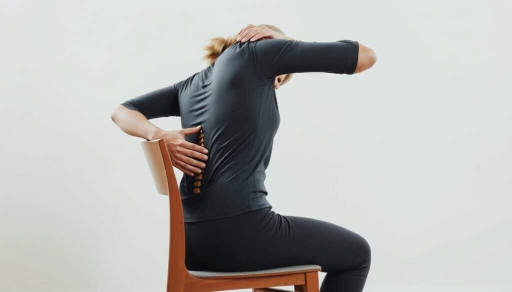 A seated figure in a chair, their spine gently twisting to the side, with one hand resting on the armrest and the other reaching across the body. The pose is focused and intentional, capturing the subtle movements of the lower back and hips as the person gently stretches. Soft, diffused lighting illuminates the scene, creating a calming and relaxing atmosphere. The chair is simple and unobtrusive, allowing the focus to remain on the subject's form and the stretch. The overall composition is balanced and visually appealing, showcasing the benefits of this simple chair-based exercise.
