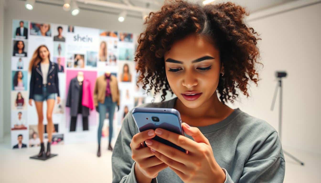 A social media-inspired scene with a vibrant, dynamic atmosphere. In the foreground, a young woman intently scrolling through her phone, immersed in the Shein app, her expression focused and engaged. Behind her, a collage of trending fashion images, product tags, and interactive icons creates an immersive digital landscape. The middle ground features stylish, trendy outfits artfully displayed, hinting at the clothing options available on the Shein platform. In the background, a modern, minimalist studio setting with clean lines and bright lighting, emphasizing the platform's sleek and sophisticated aesthetic. The overall mood is one of excitement, discovery, and the thrill of finding the perfect fashion deals.