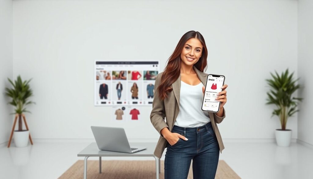 A stylish and eye-catching illustration of the Shein Affiliate Program. In the foreground, a chic young woman in trendy casual wear stands confidently, holding a mobile device displaying the Shein app. The middle ground features a sleek laptop and various Shein product images, hinting at the earning potential of the affiliate program. The background is a minimalist, well-lit office setting, with clean lines and a modern aesthetic. The overall mood is one of professionalism, opportunity, and the allure of free clothes through the Shein rewards system. The image is captured with a high-quality lens, emphasizing the program's sophistication and appeal. A stylish and eye-catching illustration of the Shein Affiliate Program. In the foreground, a chic young woman in trendy casual wear stands confidently, holding a mobile device displaying the Shein app. The middle ground features a sleek laptop and various Shein product images, hinting at the earning potential of the affiliate program. The background is a minimalist, well-lit office setting, with clean lines and a modern aesthetic. The overall mood is one of professionalism, opportunity, and the allure of free clothes through the Shein rewards system. The image is captured with a high-quality lens, emphasizing the program's sophistication and appeal.