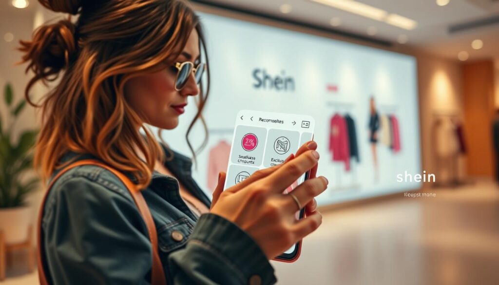 A vibrant, eye-catching mobile app display showcasing Shein's key features. In the foreground, a stylish woman navigates the intuitive interface, exploring a curated selection of trendy clothing and accessories. The middle ground reveals sleek, modern icons denoting Shein's personalized recommendations, exclusive discounts, and seamless checkout process. In the background, a clean, minimalist design sets the stage, with subtle splashes of the brand's signature colors adding vibrancy. Soft, diffused lighting creates a warm, inviting atmosphere, highlighting the app's user-friendly experience. Captured with a wide-angle lens to convey a sense of depth and comprehensive coverage of the app's capabilities. A vibrant, eye-catching mobile app display showcasing Shein's key features. In the foreground, a stylish woman navigates the intuitive interface, exploring a curated selection of trendy clothing and accessories. The middle ground reveals sleek, modern icons denoting Shein's personalized recommendations, exclusive discounts, and seamless checkout process. In the background, a clean, minimalist design sets the stage, with subtle splashes of the brand's signature colors adding vibrancy. Soft, diffused lighting creates a warm, inviting atmosphere, highlighting the app's user-friendly experience. Captured with a wide-angle lens to convey a sense of depth and comprehensive coverage of the app's capabilities.