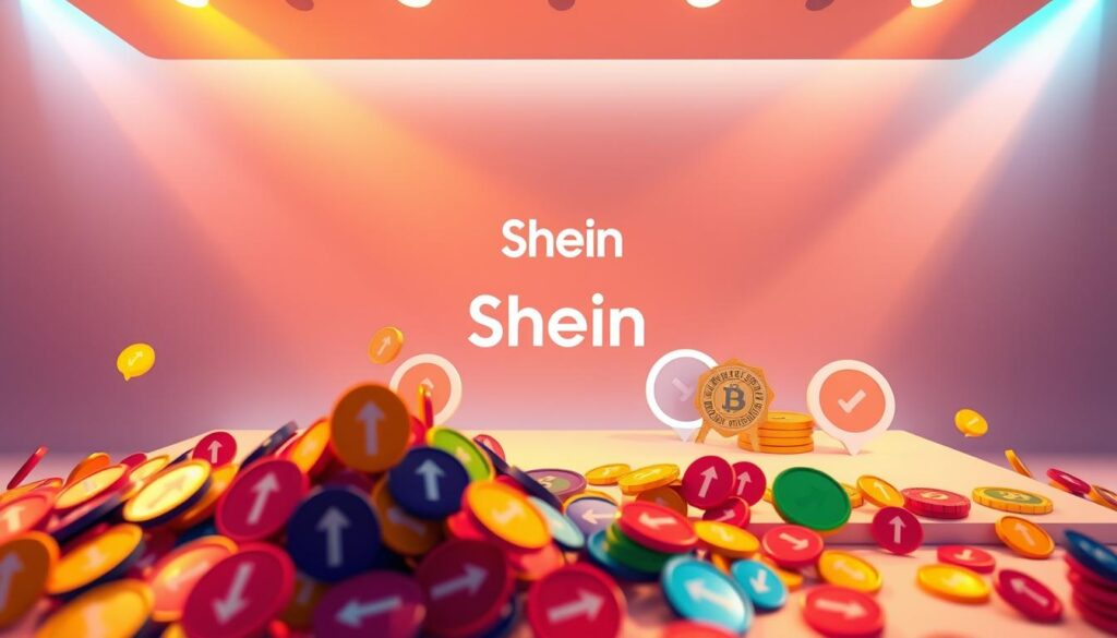A vibrant rewards system showcased on a sleek, modern platform. In the foreground, an array of colorful point icons and rewards badges in a dynamic, overlapping composition. The middle ground features a stylized Shein logo and interface elements, bathed in warm, soft lighting that creates a sense of depth and visual interest. The background is a minimalist, gradient-based design, lending a polished, high-end aesthetic to the scene. The overall mood is one of excitement and anticipation, inviting the viewer to engage with the rewards program and imagine the potential for free clothes. A vibrant rewards system showcased on a sleek, modern platform. In the foreground, an array of colorful point icons and rewards badges in a dynamic, overlapping composition. The middle ground features a stylized Shein logo and interface elements, bathed in warm, soft lighting that creates a sense of depth and visual interest. The background is a minimalist, gradient-based design, lending a polished, high-end aesthetic to the scene. The overall mood is one of excitement and anticipation, inviting the viewer to engage with the rewards program and imagine the potential for free clothes.
