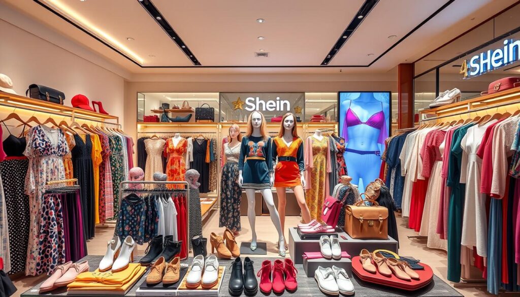 A vibrant, visually captivating scene showcasing Shein's diverse product range. In the foreground, an eye-catching display of fashionable clothing items arranged in a dynamic, visually appealing manner - dresses, tops, bottoms, and accessories in a variety of colors, patterns, and styles. The middle ground features mannequins dressed in the latest Shein looks, posing confidently and highlighting the brand's trendy, affordable aesthetic. In the background, a sleek, modern store interior with clean lines, warm lighting, and minimalist decor that complements the merchandise. The overall composition conveys a sense of energy, style, and accessible luxury that embodies Shein's brand identity. A vibrant, visually captivating scene showcasing Shein's diverse product range. In the foreground, an eye-catching display of fashionable clothing items arranged in a dynamic, visually appealing manner - dresses, tops, bottoms, and accessories in a variety of colors, patterns, and styles. The middle ground features mannequins dressed in the latest Shein looks, posing confidently and highlighting the brand's trendy, affordable aesthetic. In the background, a sleek, modern store interior with clean lines, warm lighting, and minimalist decor that complements the merchandise. The overall composition conveys a sense of energy, style, and accessible luxury that embodies Shein's brand identity.