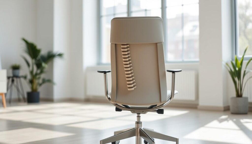 A well-designed, ergonomic chair with a neutral spine posture. A mid-century modern office chair with a high backrest and gentle lumbar support. The chair is positioned in a bright, airy room with natural lighting filtering in through large windows. The chair's sleek, minimalist design and neutral color palette create a calming, focused atmosphere. The camera is positioned at eye level, capturing the chair's proportions and details in sharp focus. The background is blurred, drawing attention to the chair's form and function as the central subject.