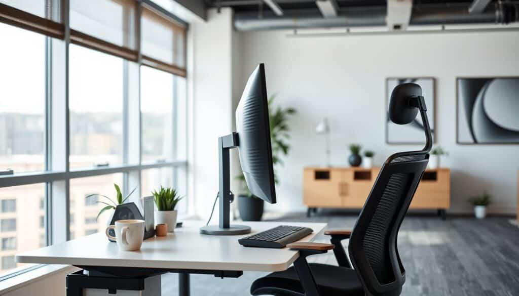 A well-lit, ergonomic workstation setup in a modern office space. In the foreground, a sleek, adjustable desk with a monitor positioned at eye level, a comfortable ergonomic chair, and a keyboard and mouse positioned to promote proper wrist and hand posture. The middle ground features a potted plant, a desk organizer, and a cup of coffee, creating a balanced, productive atmosphere. The background showcases large windows allowing natural light to flood the space, with minimalist decor and artwork on the walls, conveying a sense of calm and focus. The overall scene depicts an efficient, healthy workspace optimized for stretching and movement throughout the day.