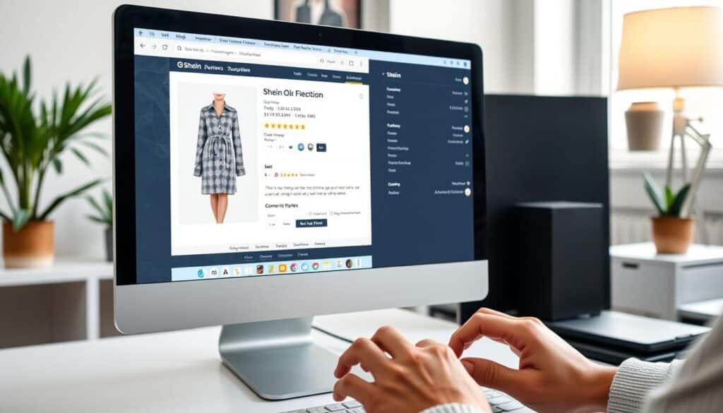 A well-lit, high-quality product shot of a Shein item being reviewed on a desktop computer screen. The screen displays a detailed product description, customer review, and star rating. In the foreground, a person's hands are typing on a keyboard, creating the review content. The background is a clean, minimalist office setting with a desk, lamp, and plants. The overall mood is professional, informative, and visually appealing, showcasing the process of writing an effective Shein product review. A well-lit, high-quality product shot of a Shein item being reviewed on a desktop computer screen. The screen displays a detailed product description, customer review, and star rating. In the foreground, a person's hands are typing on a keyboard, creating the review content. The background is a clean, minimalist office setting with a desk, lamp, and plants. The overall mood is professional, informative, and visually appealing, showcasing the process of writing an effective Shein product review.