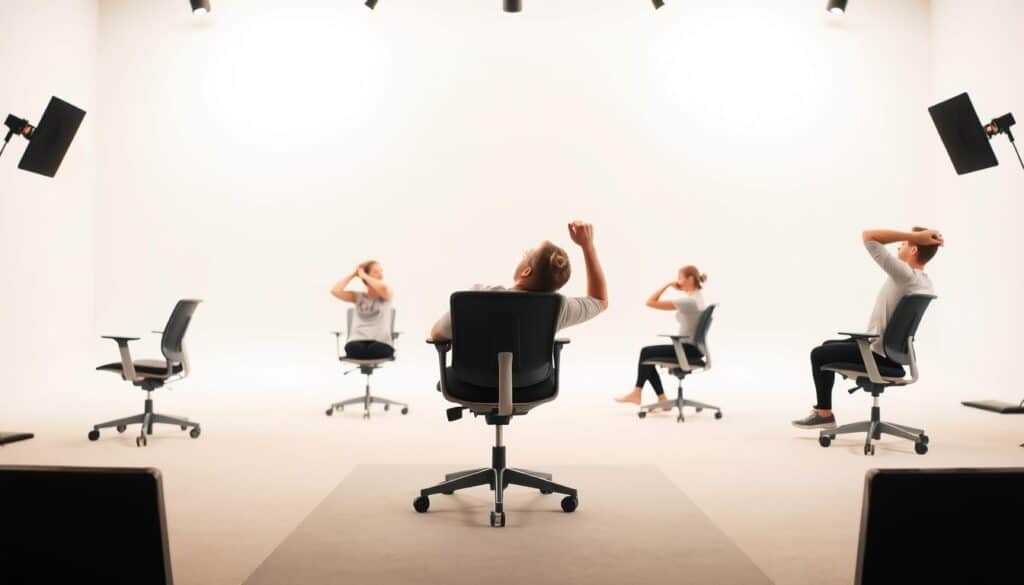 A well-lit studio scene with a soft, diffused lighting creating a warm, inviting atmosphere. In the foreground, a person seated on a sturdy, ergonomic office chair is performing a series of gentle chair stretches, their movements focused and deliberate. The middle ground showcases various levels of chair stretches, from beginner to more advanced, with the person demonstrating proper form and technique. The background features a clean, minimalist setting, allowing the viewer to concentrate on the chair stretching exercises.