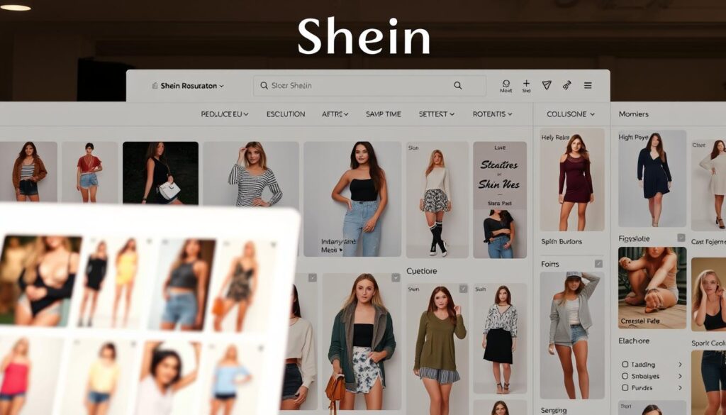 A well-organized Shein catalog navigation interface with a clean, modern design. The foreground features a grid of product thumbnails, each showcasing a trendy fashion item. The middle ground displays large, high-quality product images that rotate smoothly. In the background, a minimalist menu bar with intuitive icons and drop-down categories allows seamless browsing of Shein's expansive collection. The lighting is soft and diffused, creating a warm, inviting atmosphere. The overall composition is balanced, with a focus on usability and a visually appealing aesthetic that reflects Shein's affordable, fashion-forward brand. A well-organized Shein catalog navigation interface with a clean, modern design. The foreground features a grid of product thumbnails, each showcasing a trendy fashion item. The middle ground displays large, high-quality product images that rotate smoothly. In the background, a minimalist menu bar with intuitive icons and drop-down categories allows seamless browsing of Shein's expansive collection. The lighting is soft and diffused, creating a warm, inviting atmosphere. The overall composition is balanced, with a focus on usability and a visually appealing aesthetic that reflects Shein's affordable, fashion-forward brand.