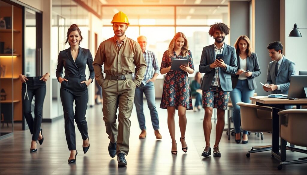 A bustling office setting, with professionals in diverse workwear attire representing various industries. In the foreground, a woman in a sleek, tailored pantsuit strides confidently, her look embodying the chic and professional aesthetic of the financial sector. Beside her, an engineer in a sturdy, utilitarian jumpsuit gestures animatedly, the practical nature of their workwear evident. In the middle ground, a graphic designer in a vibrant, patterned dress leans over a laptop, their creative workwear reflecting the dynamic nature of their industry. In the background, a tech startup employee in a casual, yet stylish ensemble engages in a discussion, the relaxed vibe of their workwear mirroring the company culture. Warm, natural lighting casts a soft glow, and the composition is framed by a modern office setting with sleek, minimalist decor.