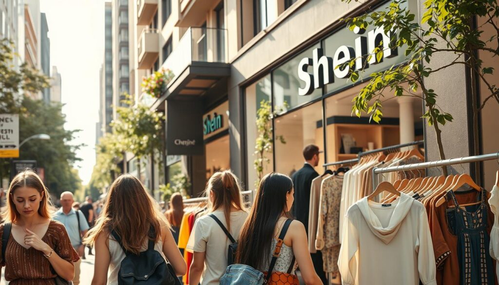 A bustling urban street scene showcasing sustainable shopping options at the popular fast fashion retailer Shein. In the foreground, a group of eco-conscious shoppers browse a display of clothing made from organic, recycled, and ethically-sourced materials. In the middle ground, the Shein storefront features prominently, with large windows displaying a curated selection of sustainable fashion pieces. The background is filled with lush greenery and modern architecture, creating a visually appealing and environmentally-conscious atmosphere. Warm, natural lighting bathes the scene, highlighting the vibrant colors and textures of the sustainable fashion items. The overall mood evokes a sense of mindful consumerism and a commitment to sustainable practices within the fast fashion industry.