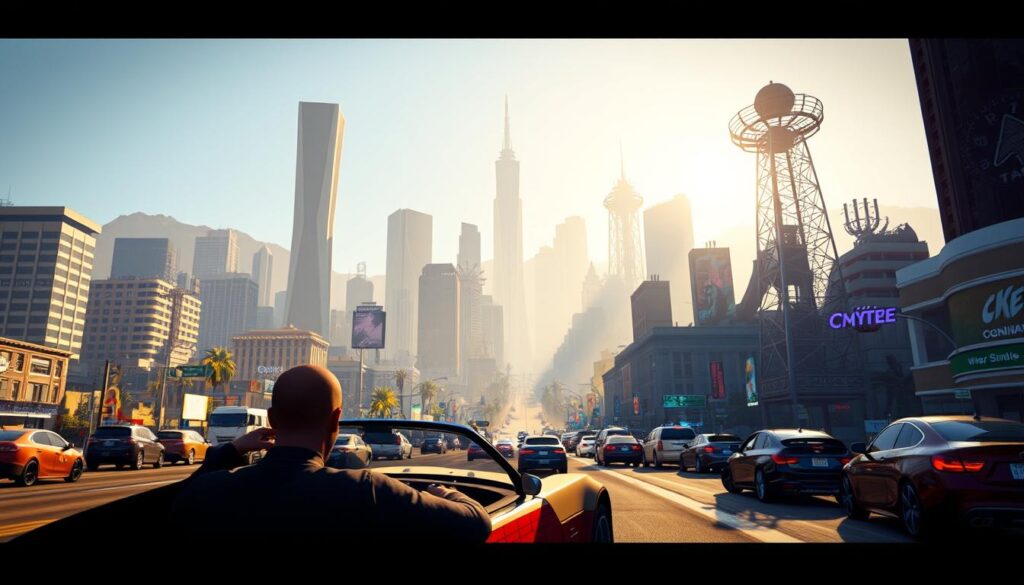 A bustling virtual metropolis, the city of Los Santos in Grand Theft Auto V, becomes a canvas for boundless creativity. In the foreground, a modded player character navigates through the vibrant streets, their custom-built car weaving between traffic. The middle ground reveals a kaleidoscope of diverse user-generated content, from towering skyscrapers to fantastical landscapes, all seamlessly integrated into the game world. In the background, a dynamic lighting system casts dramatic shadows, evoking a cinematic atmosphere that amplifies the sense of exploration and freedom. The image captures the essence of the GTA V modding community, where players unleash their imagination, pushing the boundaries of what's possible within the game. A bustling virtual metropolis, the city of Los Santos in Grand Theft Auto V, becomes a canvas for boundless creativity. In the foreground, a modded player character navigates through the vibrant streets, their custom-built car weaving between traffic. The middle ground reveals a kaleidoscope of diverse user-generated content, from towering skyscrapers to fantastical landscapes, all seamlessly integrated into the game world. In the background, a dynamic lighting system casts dramatic shadows, evoking a cinematic atmosphere that amplifies the sense of exploration and freedom. The image captures the essence of the GTA V modding community, where players unleash their imagination, pushing the boundaries of what's possible within the game.