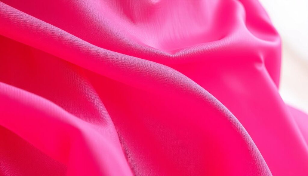 A close-up shot of a luxurious fabric in a vibrant shade of hot pink, with a subtle shimmer and a silky, smooth texture. The fabric is captured in a medium shot, filling the frame with its rich color and delicate, flowing drapes. The lighting is soft and diffuse, creating a warm, inviting atmosphere that accentuates the fabric's alluring qualities. The camera angle is slightly elevated, allowing the viewer to appreciate the fabric's intricate weave and the way it gracefully cascades over an unseen form. This image showcases the premium quality and chic sophistication of the hot pants fabric, perfectly complementing the article's focus on this trendy garment.