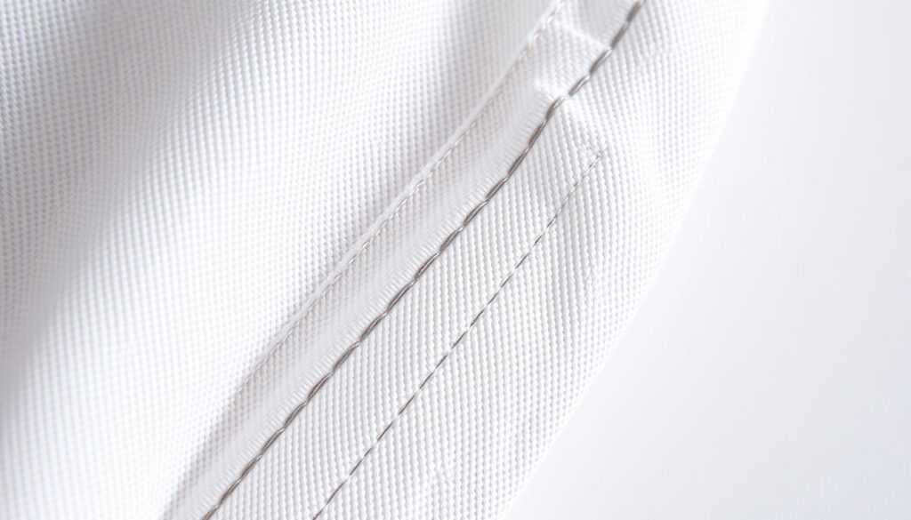 A close-up view of a fabric swatch, showcasing the intricate stitching and construction quality of a Shein garment. The image is captured under bright, directional lighting, casting shadows that accentuate the textural details. The fabric is smooth and tightly woven, with evenly spaced, straight stitches visible along the seams. The thread used is of consistent thickness and tension, creating a neat, professional-looking finish. The background is a plain, neutral color, allowing the craftsmanship to be the sole focus. The overall impression conveys a sense of attention to detail and high-quality manufacturing, contradicting the typical perception of fast fashion.
