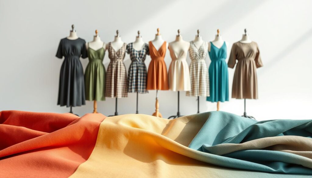 A detailed color swatch guide for versatile dresses, showcasing a harmonious arrangement of hues, textures, and patterns against a clean, minimalist backdrop. The foreground features a thoughtful selection of fabric samples, each meticulously arranged to highlight the nuances of color and weave. In the middle ground, a series of dress forms in various silhouettes create a sense of scale and context, allowing the viewer to envision how these colors and patterns would translate to the human form. The background is a soft, diffused white, creating a serene and refined atmosphere that allows the dress samples to take center stage. Soft, natural lighting from above casts gentle shadows, emphasizing the depth and dimensionality of the materials. The overall composition conveys a sense of style, sophistication, and practical guidance for the modern wardrobe.