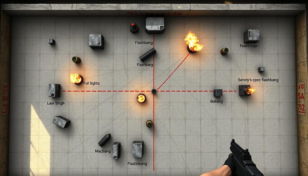 A detailed tactical map of utility lineups in a Counter-Strike 2 environment. A high-fidelity, photorealistic scene depicting the key locations, angles, and line-of-sights for executing coordinated smoke, flashbang, and molotov placements on the map. The scene is viewed from an overhead perspective, with a clean and minimalist design showcasing the critical map information. The environment is bathed in neutral, directional lighting, creating a sense of focus and clarity. The map is rendered with a sharp, high-resolution texture quality, allowing for precise visualization of the tactical details. The overall mood is one of strategic planning and team coordination, perfectly suited for the "Map-specific tactics and coordinated plays" section of the article. A detailed tactical map of utility lineups in a Counter-Strike 2 environment. A high-fidelity, photorealistic scene depicting the key locations, angles, and line-of-sights for executing coordinated smoke, flashbang, and molotov placements on the map. The scene is viewed from an overhead perspective, with a clean and minimalist design showcasing the critical map information. The environment is bathed in neutral, directional lighting, creating a sense of focus and clarity. The map is rendered with a sharp, high-resolution texture quality, allowing for precise visualization of the tactical details. The overall mood is one of strategic planning and team coordination, perfectly suited for the "Map-specific tactics and coordinated plays" section of the article.
