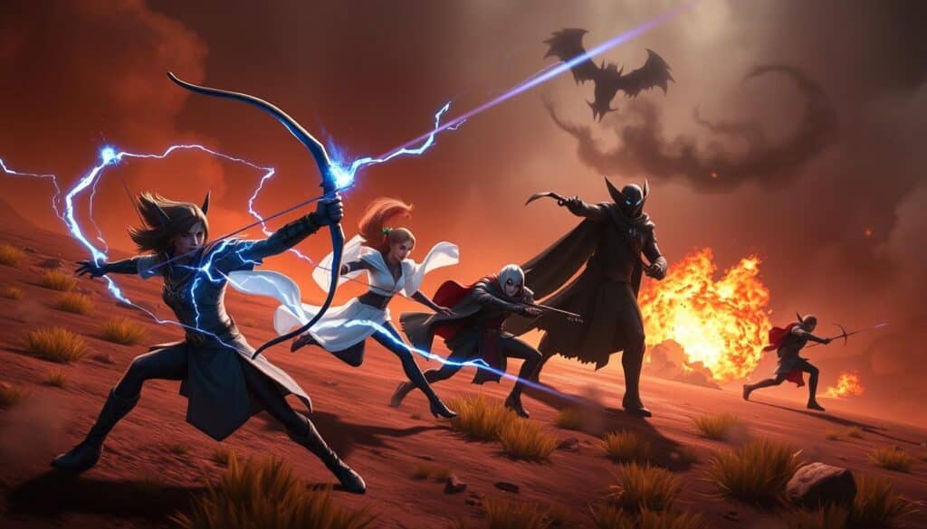 A dynamic scene of Valorant agents showcasing their signature abilities. In the foreground, a Sova wielding a sleek bow aims a shock bolt, its blue energy crackling with power. Beside him, a Jett deftly dashes forward, her white cloak billowing behind her. In the middle ground, a Brimstone stands tall, calling down an incendiary bombardment, the ground igniting with fiery fury. In the background, a shadowy Omen teleports through the battlefield, his dark mist swirling ominously. Dramatic lighting casts dramatic shadows, heightening the sense of tension and intensity. The agents move with fluid grace, their abilities seamlessly intertwining to create a tactical masterpiece on the virtual battlefield.