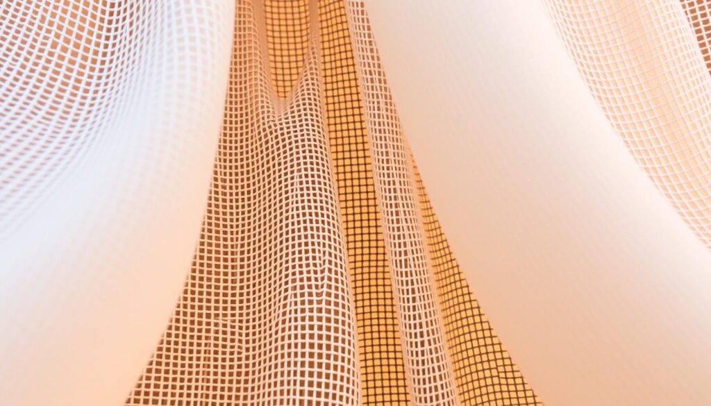 A finely woven fabric with an intricate, breathable texture that cascades elegantly. The threads intertwine, creating a captivating play of light and shadow. The material appears soft and supple, with a luxurious sheen that hints at its durability. In the foreground, the fabric gently drapes, showcasing its fluid movement and flexibility. The middle ground reveals the fabric's intricate structure, where the individual fibers seamlessly blend together. In the background, the fabric's depth and volume are highlighted, creating a sense of depth and dimension. Warm, diffused lighting illuminates the fabric, accentuating its natural beauty and creating a calming, sophisticated atmosphere.