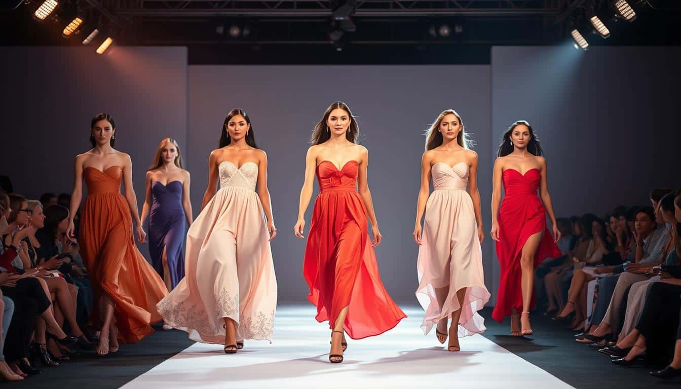 A glamorous runway showcasing the resurgence of strapless dresses. Elegant models strut the catwalk, their shoulders and décolletage on full display, exuding confidence and allure. The dresses flow gracefully, accentuating the feminine silhouette, with subtle details like intricate embroidery or dramatic ruffles. Bright studio lighting casts a warm, flattering glow, highlighting the vibrant colors and luxurious fabrics. The background is a minimalist set, allowing the dresses to take center stage and captivate the audience. An atmosphere of high fashion and modern sophistication permeates the scene, signaling the triumphant return of the strapless dress as a statement piece in 2025.