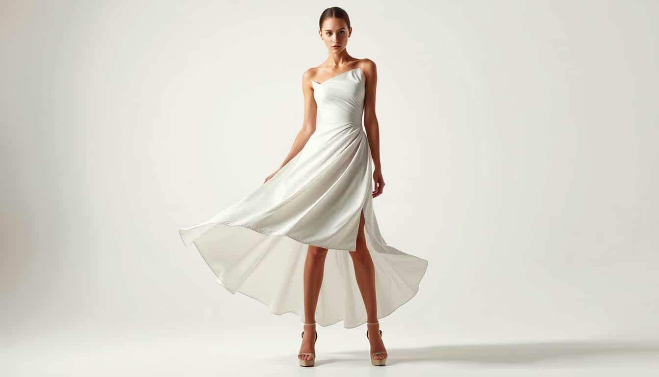 A high-fashion asymmetric dress sways gracefully on a lithe model, the skirt cascading in an elegant diagonal flow. Warm, diffused lighting casts dramatic shadows, accentuating the asymmetric neckline and sculptural shoulders. The background is a minimalist studio setting, with a clean white backdrop that allows the garment to take center stage. The overall mood is one of modern sophistication, where the unconventional silhouette creates a captivating visual interest. The image captures the essence of embracing style through the bold and avant-garde use of asymmetry in clothing design.