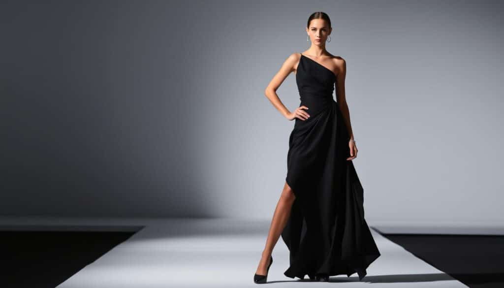 A high-fashion runway featuring a striking asymmetrical dress design. The dress has an off-center silhouette, with one side flowing and draped, the other structured and angular. The model poses confidently, the dress's asymmetry creating a dynamic, avant-garde look. Dramatic lighting casts dramatic shadows, highlighting the dress's sharp lines and contrasts. The scene is set against a clean, minimalist backdrop, allowing the unique clothing design to be the center of attention. The overall mood is one of modern, innovative style, showcasing the bold potential of asymmetry in fashion. A high-fashion runway featuring a striking asymmetrical dress design. The dress has an off-center silhouette, with one side flowing and draped, the other structured and angular. The model poses confidently, the dress's asymmetry creating a dynamic, avant-garde look. Dramatic lighting casts dramatic shadows, highlighting the dress's sharp lines and contrasts. The scene is set against a clean, minimalist backdrop, allowing the unique clothing design to be the center of attention. The overall mood is one of modern, innovative style, showcasing the bold potential of asymmetry in fashion.