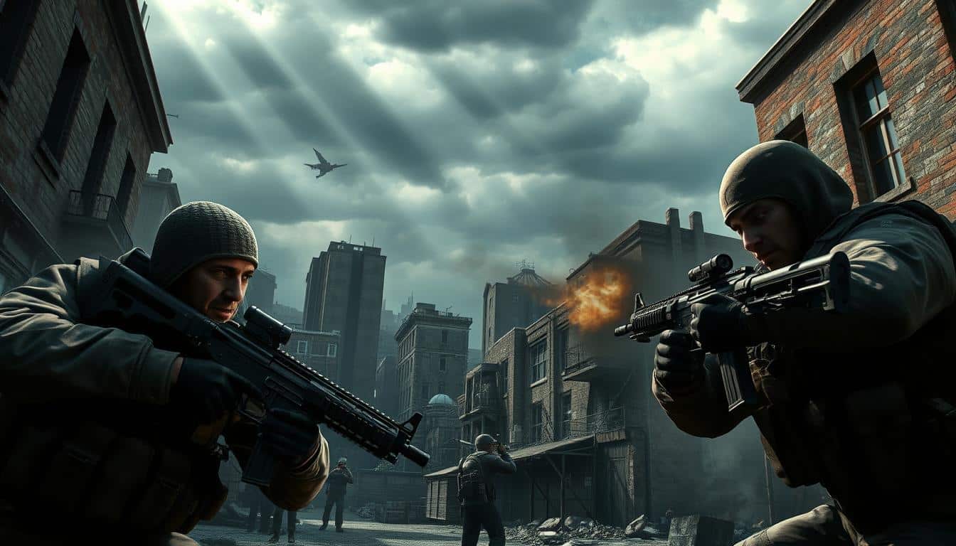 A high-intensity tactical shooter set in a gritty urban environment. In the foreground, two counter-terrorist operatives, clad in tactical gear, engage in close-quarters combat with enemy insurgents. Expressive facial expressions and dynamic body language convey the tension and focus of the heated firefight. The middle ground features a detailed cityscape, with dimly lit alleyways and abandoned buildings casting long shadows. Overhead, a cloudy sky with shafts of light piercing through, creating an atmosphere of atmospheric realism. Realistic weapon models, intricate environment details, and a muted color palette evoke the hardcore, competitive nature of Counter-Strike 2's tactical gameplay.