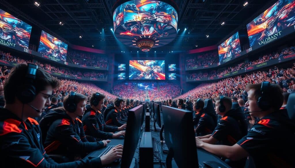 A highly competitive professional esports arena, filled with the intense energy of a thrilling Valorant match. In the foreground, skilled players in their team uniforms face off, expressions focused, fingers poised on their customized gaming peripherals. The middle ground showcases the massive arena screens displaying the game's dynamic action, with vivid graphics and lightning-fast camera angles. The background is immersed in a sea of cheering fans, their voices rising in a deafening roar, creating an electric atmosphere of adrenaline-fueled competition. Dramatic lighting casts dramatic shadows, while a cinematic depth of field and wide-angle lens capture the grand scale of the pro scene.