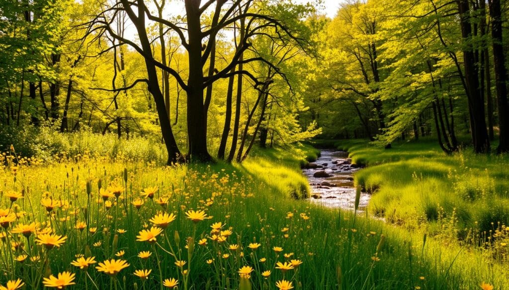 A lush forest glade bathed in warm, golden sunlight. In the foreground, a vibrant field of yellow wildflowers sways gently in the breeze, their petals catching the light. Towering trees in the middle ground provide a verdant backdrop, their leaves dappled with sun-kissed hues. In the distance, a tranquil stream winds its way through the scene, its surface reflecting the brilliant yellows of the surrounding foliage. The overall atmosphere is one of natural serenity and the boundless beauty of the outdoors.