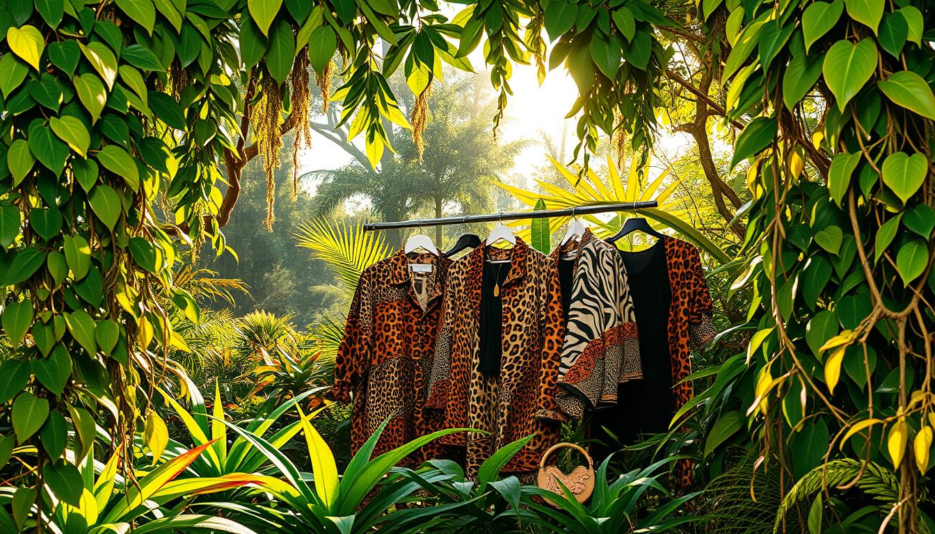 A lush, vibrant jungle landscape, with a dynamic array of animal prints in the foreground. Cascading leaves and vines frame the scene, creating a sense of depth and immersion. Sunlight filters through the canopy, casting a warm, golden glow over the vibrant patterns of leopard, zebra, and snake skins. In the middle ground, a collection of fashionable garments and accessories showcase the resurgence of animal print trends, artfully displayed against a natural backdrop. The overall composition evokes a sense of bold, nature-inspired style, capturing the essence of embracing the animal print resurgence.