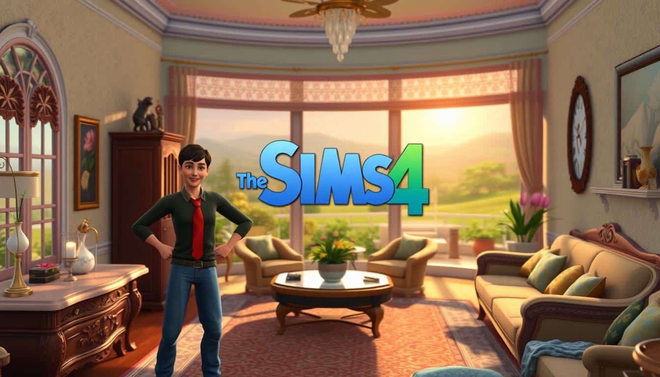 A meticulously crafted scene from The Sims 4, showcasing the game's renowned creativity and customization. In the foreground, a lively Sim character stands amidst a beautifully designed home interior, their pose exuding a sense of playful expression. The middle ground features intricate furnishings, vibrant colors, and delicate textures, capturing the game's depth of design options. In the background, a warm, inviting outdoor setting with verdant landscapes and a clear, sun-dappled sky creates an engaging, immersive atmosphere. Cinematic lighting and a slightly elevated camera angle lend a sense of artistry and visual storytelling to the scene, inviting the viewer to fully appreciate the expressive power and creative freedom at the heart of The Sims 4 experience.
