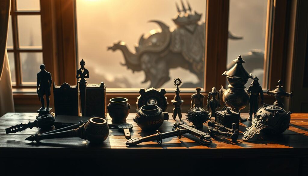 A meticulously detailed still life arrangement of Dota 2 items on a wooden table, illuminated by warm natural lighting streaming through a window. In the foreground, an assortment of iconic items such as Dagon, Eul's Scepter, Blink Dagger, and Sange & Yasha, each casting subtle shadows. The middle ground features additional support and utility items like Pipe of Insight, Urn of Shadows, and Mekansm, arrayed with deliberate composition. In the background, a hazy silhouette of the Dota 2 map backdrop, evoking the strategic context of these game-changing tools. The overall mood is one of contemplation, emphasizing the depth and significance of itemization in the Dota 2 metagame.
