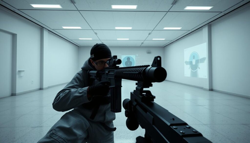 A minimalist training range with a stark, clinical atmosphere. The scene depicts a player carefully aiming down the sights of a sleek, high-tech rifle against a backdrop of targets and holographic projections. Diffuse, overhead lighting casts long, dramatic shadows that accentuate the player's focused posture. The environment is stripped of distractions, allowing the viewer to hone in on the essential elements of aim and precision required for tactical gameplay. The muted color palette and clean, geometric architecture convey a sense of discipline and mastery over one's craft. This setting is optimized for the development of the individual skills needed to excel in the team-based tactics of Counter-Strike 2. A minimalist training range with a stark, clinical atmosphere. The scene depicts a player carefully aiming down the sights of a sleek, high-tech rifle against a backdrop of targets and holographic projections. Diffuse, overhead lighting casts long, dramatic shadows that accentuate the player's focused posture. The environment is stripped of distractions, allowing the viewer to hone in on the essential elements of aim and precision required for tactical gameplay. The muted color palette and clean, geometric architecture convey a sense of discipline and mastery over one's craft. This setting is optimized for the development of the individual skills needed to excel in the team-based tactics of Counter-Strike 2.