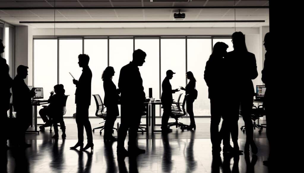 A modern office setting with a mix of in-person and remote workers, captured in silhouette. In the foreground, the silhouettes of people in a range of professional attire - suits, dresses, and casual separates. In the middle ground, desks and chairs arranged in a hybrid layout, with some workers present and others visible on laptop screens. In the background, a minimalist office interior with large windows letting in soft, diffused natural light. The overall mood is one of productivity and flexibility, reflecting the evolving nature of the modern workplace.