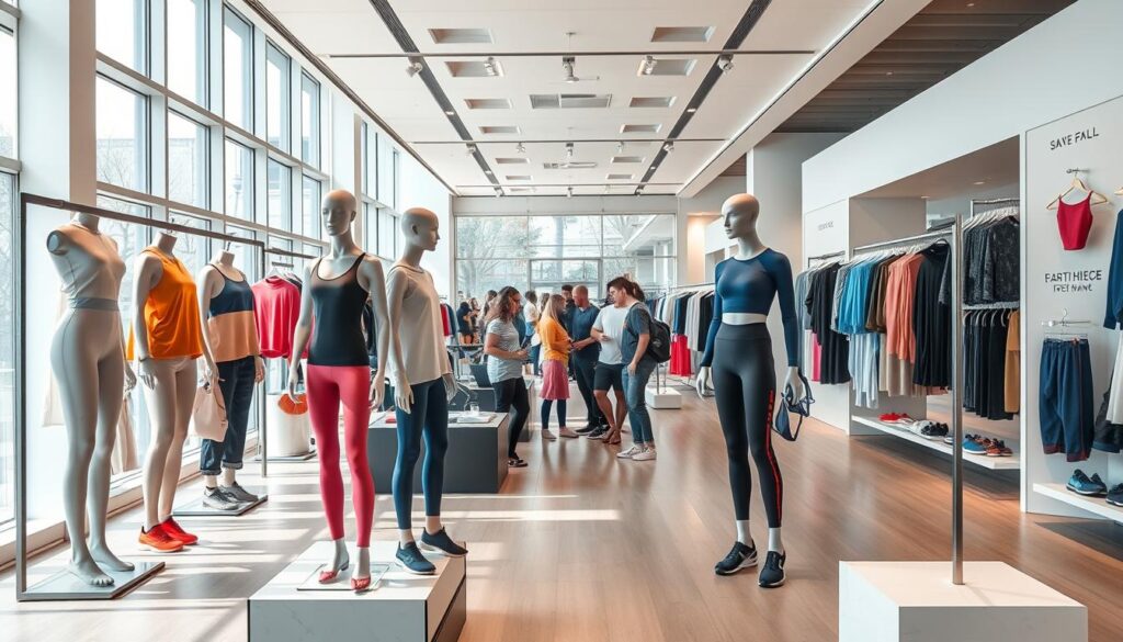 A modern, well-lit retail space showcasing a curated selection of activewear for the year 2025. In the foreground, a minimalist display of high-tech fabrics, sleek silhouettes, and vibrant color palettes. Mannequins showcase the latest in athletic apparel, from moisture-wicking tops to compression leggings. In the middle ground, customers browse through the offerings, examining the garments and accessories with a keen eye. The background features floor-to-ceiling windows, allowing natural light to flood the space and highlighting the clean, contemporary design. An atmosphere of innovation, functionality, and fashion-forward style permeates the scene.