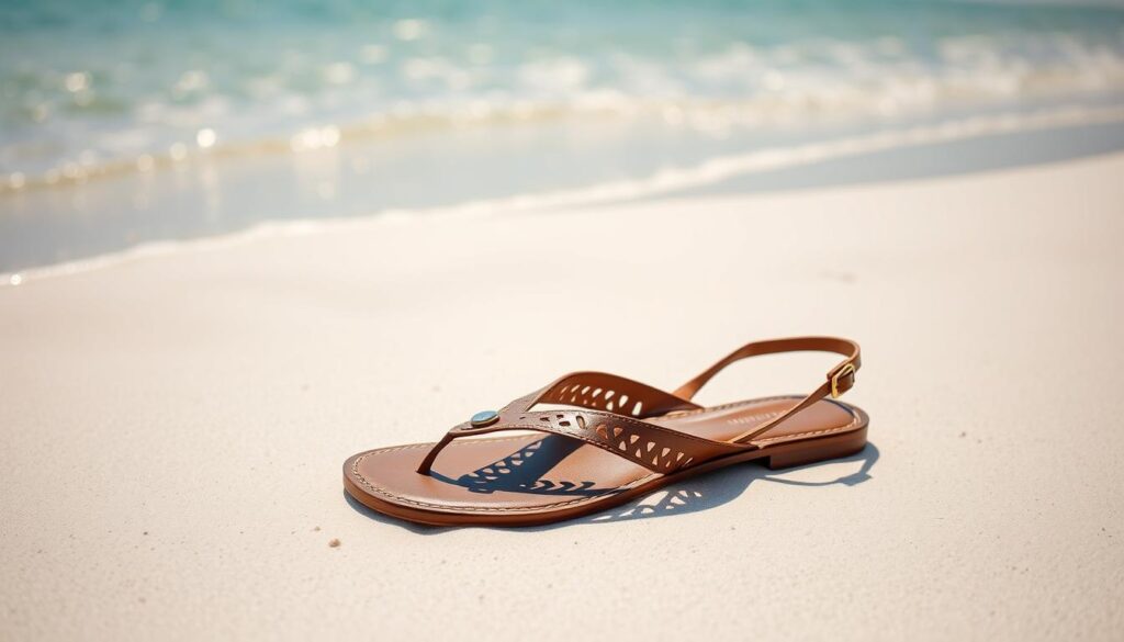 A pristine white sandy beach, sun-dappled and serene, provides the idyllic backdrop. In the foreground, a pair of sleek designer thong sandals takes center stage. Crafted from high-quality leather, the sandals feature intricate laser-cut patterns and a minimalist metallic hardware accent. The sandals are positioned at a slight angle, capturing the natural flow of the beach and inviting the viewer to imagine slipping them on. The lighting is soft and natural, casting gentle shadows that accentuate the sandals' elegant silhouette. The overall mood is one of effortless sophistication, perfectly complementing the summer trend of thong sandal popularity. A pristine white sandy beach, sun-dappled and serene, provides the idyllic backdrop. In the foreground, a pair of sleek designer thong sandals takes center stage. Crafted from high-quality leather, the sandals feature intricate laser-cut patterns and a minimalist metallic hardware accent. The sandals are positioned at a slight angle, capturing the natural flow of the beach and inviting the viewer to imagine slipping them on. The lighting is soft and natural, casting gentle shadows that accentuate the sandals' elegant silhouette. The overall mood is one of effortless sophistication, perfectly complementing the summer trend of thong sandal popularity.