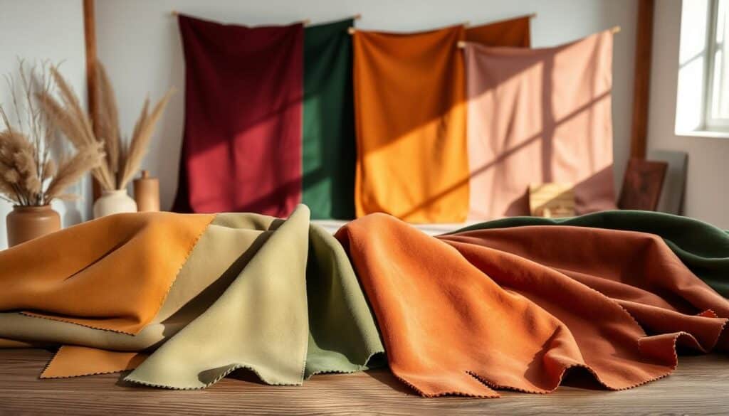 A serene collection of richly textured suede color palettes, bathed in soft, natural lighting. In the foreground, a variety of suede swatches in muted hues of ochre, terracotta, and sage green, artfully arranged on a wooden surface. The middle ground showcases larger suede panels in deeper, more saturated tones of burgundy, forest green, and dusty rose, their supple surfaces capturing the play of light and shadow. In the background, a minimalist studio setting with clean white walls and wooden accents, allowing the vibrant suede colors and patterns to take center stage. The overall mood is one of rustic elegance, reflecting the timeless appeal of the boho chic suede aesthetic. A serene collection of richly textured suede color palettes, bathed in soft, natural lighting. In the foreground, a variety of suede swatches in muted hues of ochre, terracotta, and sage green, artfully arranged on a wooden surface. The middle ground showcases larger suede panels in deeper, more saturated tones of burgundy, forest green, and dusty rose, their supple surfaces capturing the play of light and shadow. In the background, a minimalist studio setting with clean white walls and wooden accents, allowing the vibrant suede colors and patterns to take center stage. The overall mood is one of rustic elegance, reflecting the timeless appeal of the boho chic suede aesthetic.