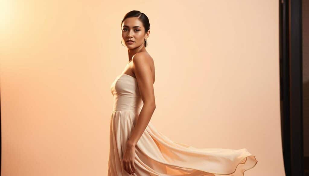 A sleek, modern woman confidently posing in a flowing strapless dress, backlit by warm, golden light. The dress has a structured bodice that elegantly accentuates her collarbones, while the skirt cascades in soft, graceful folds. She stands against a minimalist background, perhaps a simple studio setting or a chic urban backdrop, allowing the dress to be the focal point. Her expression is one of poise and elegance, capturing the essence of a timeless, yet on-trend strapless fashion look. The overall scene conveys a sense of effortless sophistication, serving as an aspirational example of how to style a modern strapless dress. A sleek, modern woman confidently posing in a flowing strapless dress, backlit by warm, golden light. The dress has a structured bodice that elegantly accentuates her collarbones, while the skirt cascades in soft, graceful folds. She stands against a minimalist background, perhaps a simple studio setting or a chic urban backdrop, allowing the dress to be the focal point. Her expression is one of poise and elegance, capturing the essence of a timeless, yet on-trend strapless fashion look. The overall scene conveys a sense of effortless sophistication, serving as an aspirational example of how to style a modern strapless dress.