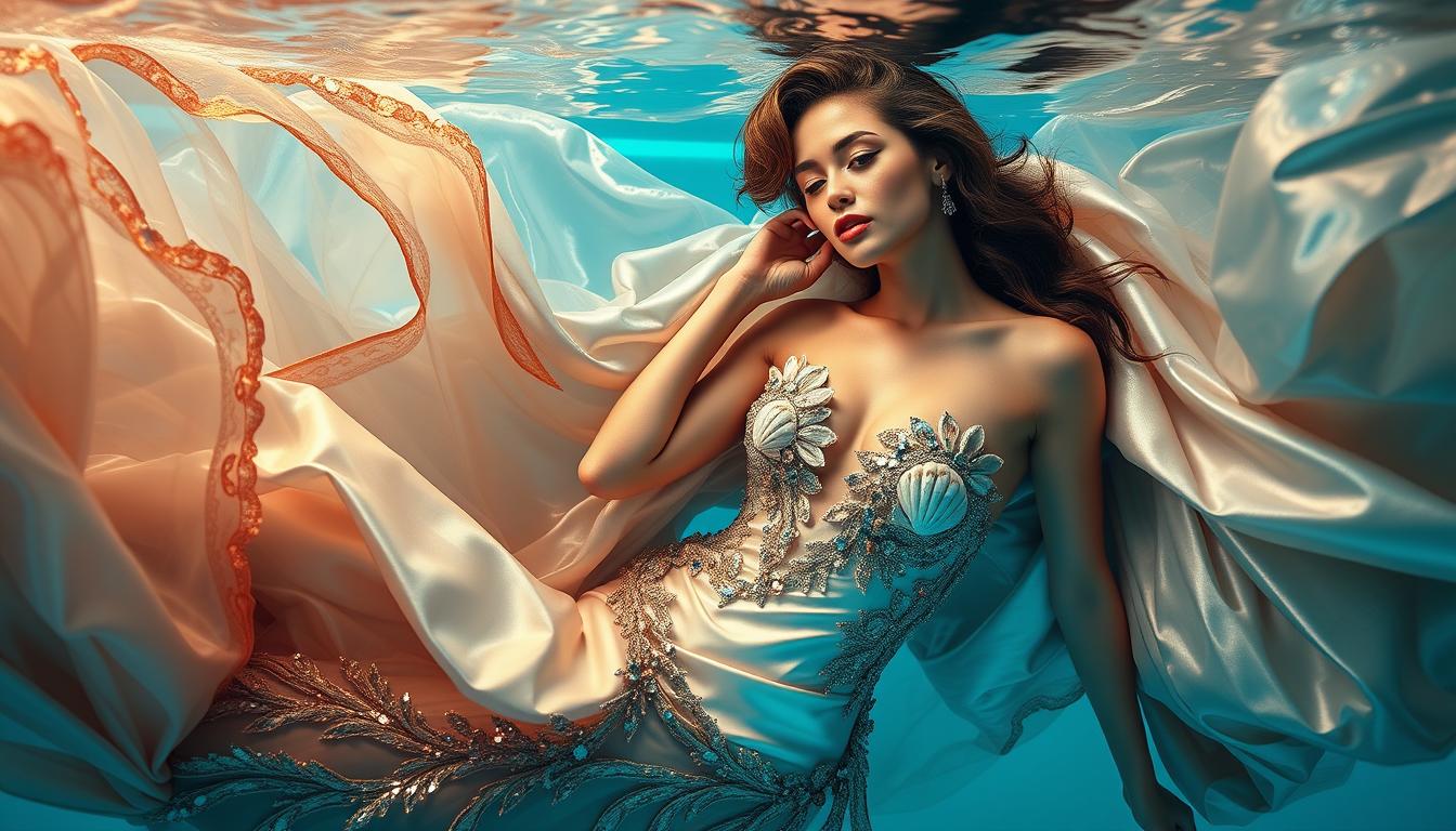 A sleek, underwater-inspired fashion shoot, with a model gracefully posing against a backdrop of shimmering, iridescent fabrics that mimic the flow and movement of ocean waves. The garments feature intricate details like seashell embellishments, kelp-like textures, and shimmering, scale-like sequins that catch the light. The model's makeup and hairstyling evoke the elegance of a mythical sea creature, with bold, oceanic hues and a touch of whimsy. The scene is illuminated by soft, diffused lighting that creates a serene, tranquil atmosphere, as if the viewer is observing the scene from beneath the surface of a calm, azure sea.