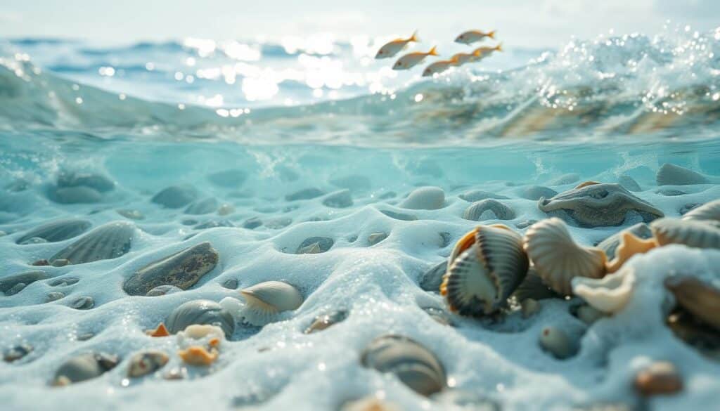 A sun-dappled ocean waves crash against a rocky shoreline, revealing intricate shells and coral patterns that inspire captivating textile designs. A gentle breeze carries the salty scent of the sea, as delicate sea-foam swirls and dances across the surface. In the distance, a school of vibrant tropical fish dart through the azure waters, their scales shimmering like iridescent jewels. Soft, diffused lighting illuminates the natural textures and undulating forms, creating a serene, almost dreamlike atmosphere that evokes the calming essence of the marine world. A sun-dappled ocean waves crash against a rocky shoreline, revealing intricate shells and coral patterns that inspire captivating textile designs. A gentle breeze carries the salty scent of the sea, as delicate sea-foam swirls and dances across the surface. In the distance, a school of vibrant tropical fish dart through the azure waters, their scales shimmering like iridescent jewels. Soft, diffused lighting illuminates the natural textures and undulating forms, creating a serene, almost dreamlike atmosphere that evokes the calming essence of the marine world.