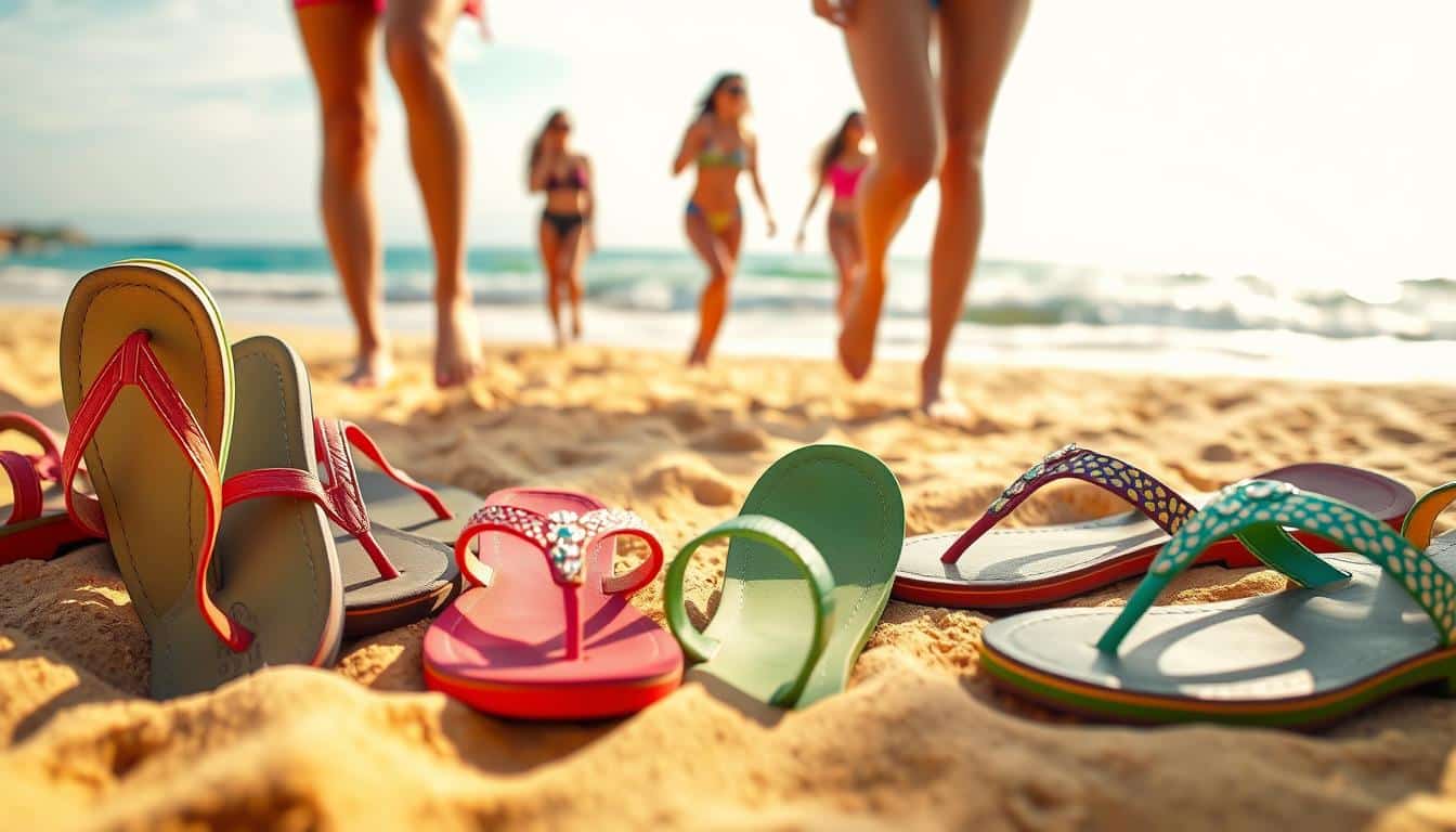 A sun-drenched beach scene, with a lively display of vibrant thong sandals in the foreground. The sandals, in a variety of vivid colors and patterns, are arranged in a dynamic, eye-catching composition, conveying the surge in their popularity. The middle ground features people strolling along the golden sand, their feet adorned with the fashionable footwear. In the background, a clear blue sky and gently lapping waves set the warm, summery atmosphere. The lighting is soft and diffused, adding a natural, inviting glow to the scene. The overall impression is one of carefree, beachy style and the undeniable allure of the thong sandal trend.