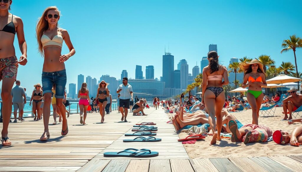 A sun-drenched boardwalk along a vibrant coastal city, the ground covered in a sea of multicolored thong sandals worn by a diverse crowd. In the foreground, a group of fashionable beachgoers strolling together, their tanned feet adorned with an array of trendy flip-flops in eye-catching hues. In the middle ground, a lively scene of people lounging on the sand, their sandaled feet propped up as they soak in the warm summer rays. The background depicts the iconic skyline of a major metropolitan area, skyscrapers and palm trees creating a striking contrast against the bright blue sky. Crisp, high-resolution photography captures the energetic atmosphere of this coastal summer hotspot where the thong sandal craze has taken hold. A sun-drenched boardwalk along a vibrant coastal city, the ground covered in a sea of multicolored thong sandals worn by a diverse crowd. In the foreground, a group of fashionable beachgoers strolling together, their tanned feet adorned with an array of trendy flip-flops in eye-catching hues. In the middle ground, a lively scene of people lounging on the sand, their sandaled feet propped up as they soak in the warm summer rays. The background depicts the iconic skyline of a major metropolitan area, skyscrapers and palm trees creating a striking contrast against the bright blue sky. Crisp, high-resolution photography captures the energetic atmosphere of this coastal summer hotspot where the thong sandal craze has taken hold.