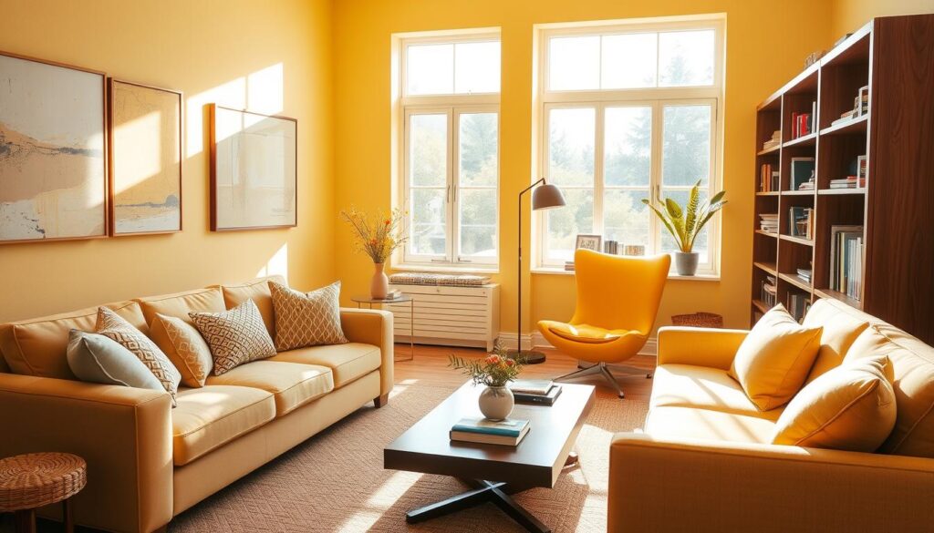 A sunny and inviting yellow living room with a plush sofa and armchair, complemented by an elegant wooden coffee table. The room is flooded with natural light from large windows, casting a warm glow on the walls adorned with abstract art pieces. A cozy reading nook by the window features a cozy yellow-cushioned chair and a floor lamp. Sleek wooden shelves display an array of books and decorative items. The space exudes a sense of comfort and cheerfulness, perfectly capturing the vibrant essence of yellow in interior design.