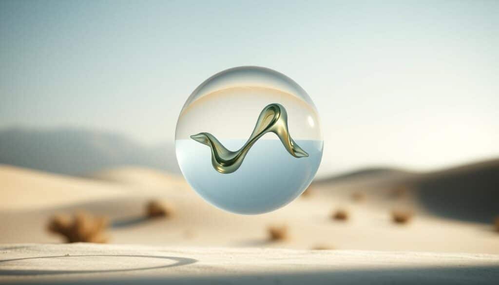 A transparent glass sphere hovers mid-frame, casting a soft, ethereal glow. Within it, an abstract shape morphs and flows, representing the dynamic nature of eco-friendly communication. The background is a serene, minimalist landscape, with subtle hints of natural textures and muted colors, creating a calming, contemplative atmosphere. Soft, diffused lighting illuminates the scene, giving it a sense of timelessness and authenticity. The composition is carefully balanced, drawing the viewer's eye to the central, transparent element, symbolizing the transparency and honesty at the heart of sustainable fashion marketing.