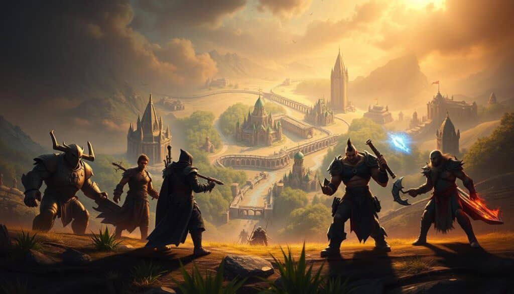 A vast Dota 2 battlefield, illuminated by a warm, golden light. In the foreground, five distinct hero archetypes stand resolute: a towering tank, a nimble assassin, a cunning support, a ranged carry, and a versatile mid-laner. Their poses and equipment convey their unique roles and responsibilities. The middle ground features a clash of clashing abilities, with spells and projectiles streaking across the scene. In the background, the iconic Dota 2 map stretches out, its lush forests, winding rivers, and imposing towers setting the strategic stage. An atmosphere of intensity and teamwork pervades the entire composition, capturing the essence of Dota 2's hero-centric gameplay.