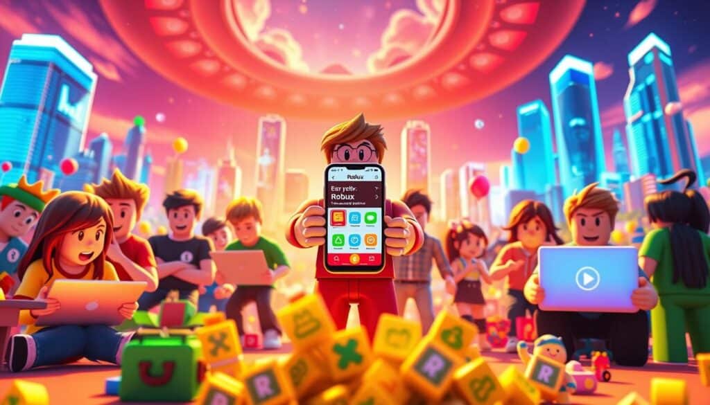 A vibrant and dynamic Roblox scene, depicting the process of earning Robux. In the foreground, a group of young, creative individuals are engaged in various Roblox development activities, such as coding, 3D modeling, and game design. They are surrounded by a colorful and immersive virtual environment, filled with whimsical Roblox-inspired elements. In the middle ground, a central character is showcasing a mobile device, illustrating the ease of monetizing their creations and earning Robux. The background features a grand, futuristic cityscape, with towering skyscrapers and a vibrant skyline, symbolizing the vast opportunities and potential for growth within the Roblox ecosystem. The scene is bathed in a warm, inviting lighting, creating an atmosphere of creativity, entrepreneurship, and the thrill of earning Robux.